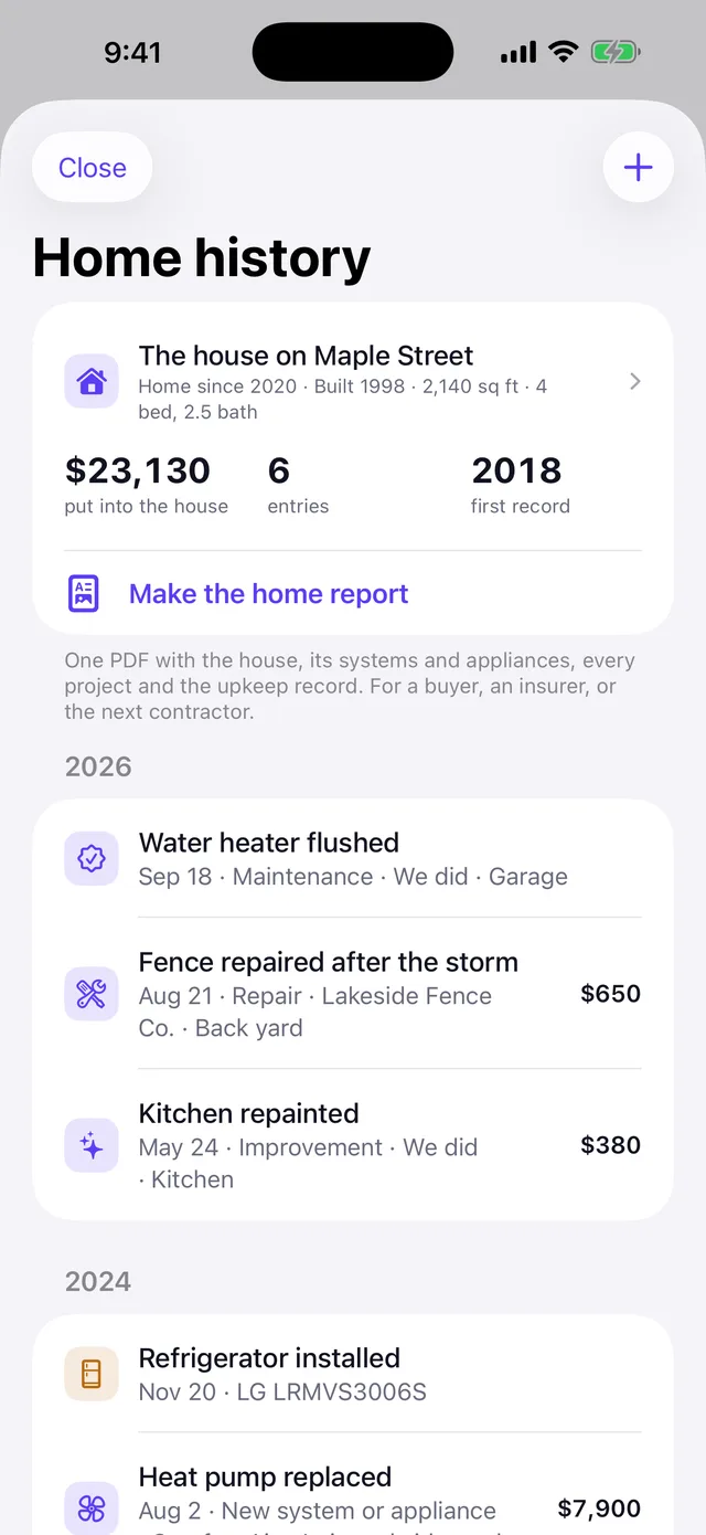 The Home history screen with projects by year and their costs