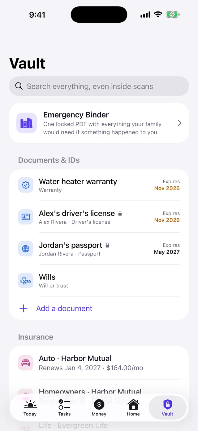 The Vault screen listing a warranty, a driver's license and a passport with their expiration dates
